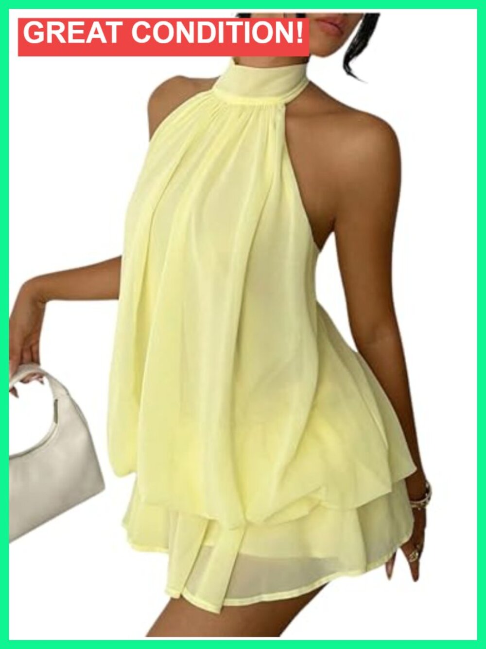 Chiffon Halter Drop Waist Mini Dress Wedding Guest Ruffle Loose Fit